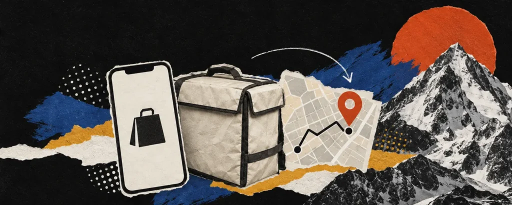 Ilustração em colagem de papel para o post Aplicativo de delivery: app próprio, marketplace ou site de pedidos?: celular com ícone de aplicativo de entrega, uma bag térmica de papel e um mapa com pino de localização