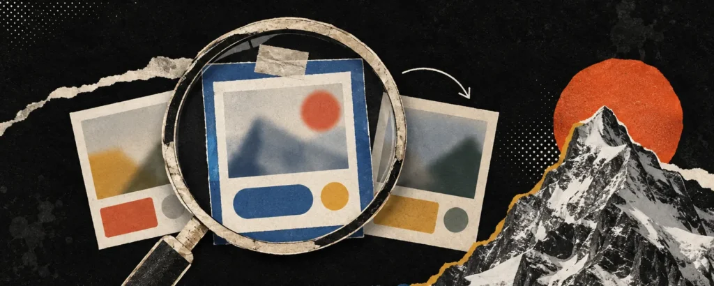 Ilustração em colagem de papel para o post Biblioteca de anúncios da Meta: como ver os anúncios dos concorrentes: uma lupa grande sobre três cartões de anúncio recortados com imagens borradas, um deles emoldurado em azul, com bastante fundo preto em