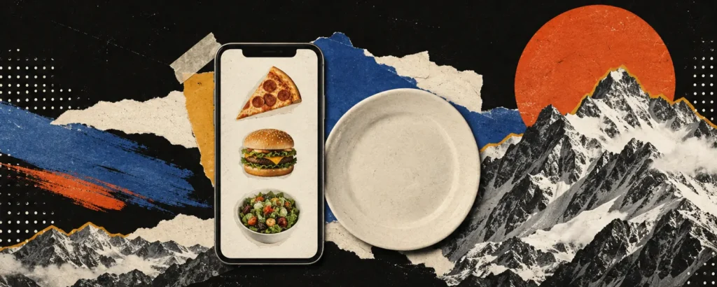 Ilustração em colagem de papel para o post Cardápio digital: o que é, os tipos e o que ele precisa ter: celular recortado mostrando um cardápio com pratos em miniatura de papel (pizza, hambúrguer, salada) sem preços escritos, e um prato de papel ao l