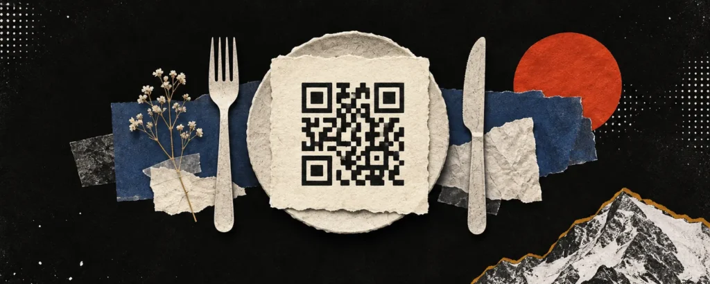 Ilustração em colagem de papel para o post Cardápio QR code: como gerar, imprimir e evitar os erros mais comuns: mesa de restaurante vista de cima com um cartão de QR code estilizado sem letras, um prato e talheres de papel