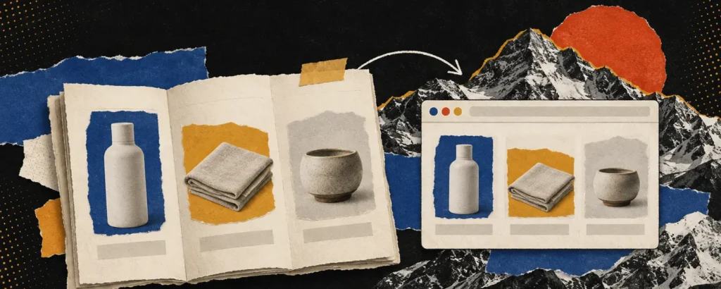 Ilustração em colagem de papel para o post Catálogo online: site, PDF ou WhatsApp, qual usar e o que colocar em cada item: catálogo de papel aberto com fichas de produtos e uma janela de site mostrando a mesma vitrine