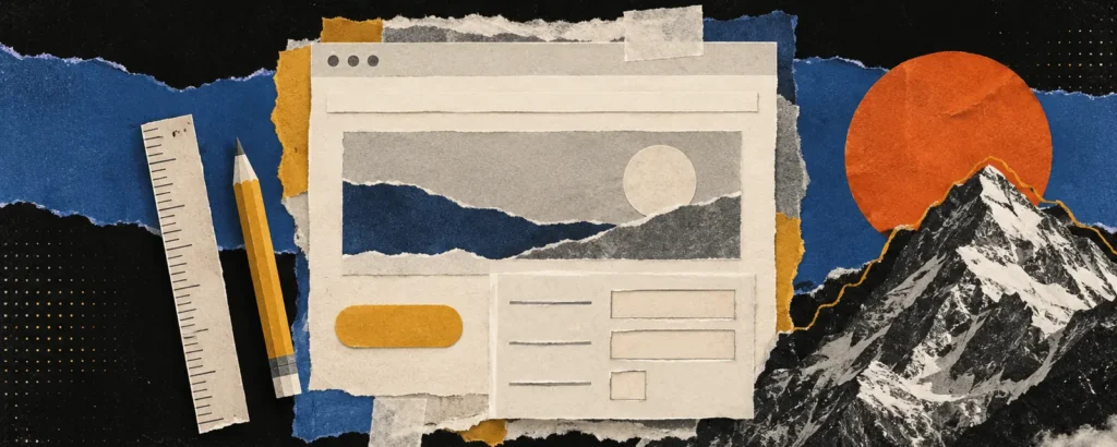 Ilustração em colagem de papel para o post Criação de sites: como funciona o processo, do briefing ao site no ar: janela de site grande sendo montada com blocos de papel recortado (topo, imagem, botão, formulário), régua e lápis de papel ao lado