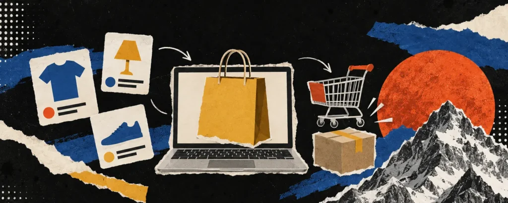 Ilustração em colagem de papel para o post E-commerce: o que é, quais modelos existem e o que você precisa para começar: sacola de compras de papel saindo de uma tela de notebook, com cartões de produto, carrinho e caixa de entrega ao redor