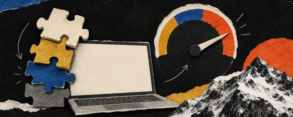 Ilustração em colagem de papel para o post Elementor deixa o site lento? O que os dados mostram e quando vale trocar: à esquerda uma pilha de blocos de quebra-cabeça de papel pesando sobre um notebook de papel recortado, à direita um velocímetro de p
