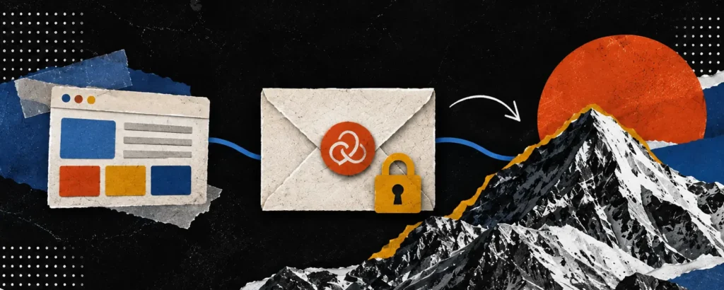 Ilustração em colagem de papel para o post Email profissional: como criar com domínio próprio e configurar para não cair no spam: envelope de papel com um selo de arroba estilizado e um cadeado, ligado por linha azul a uma janela de site