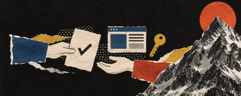 Ilustração em colagem de papel para o post Empresa de criação de sites: como escolher e o que exigir no contrato: duas mãos de papel chapadas trocando um contrato com um visto, ao lado de uma janela de site e uma chave