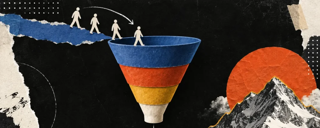 Ilustração em colagem de papel para o post Funil de vendas: o que é, etapas e como montar o seu: funil de papel em quatro faixas (azul, laranja, mostarda, creme), pequenas silhuetas entrando no topo e uma moeda com visto saindo embaixo