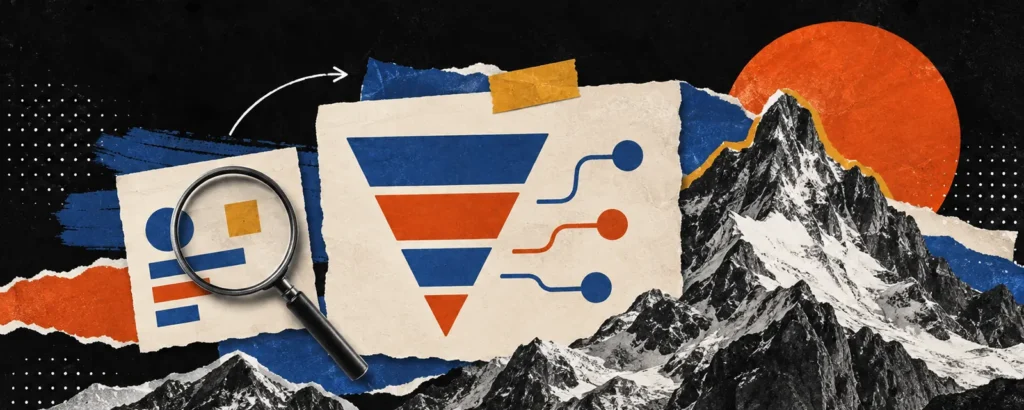 Ilustração em colagem de papel para o post GA4: o que olhar primeiro no Google Analytics 4 (e o que ignorar): painel de análise em papel com gráfico de funil e linhas de caminho em azul e laranja, sem números, e uma lupa sobre um cartão