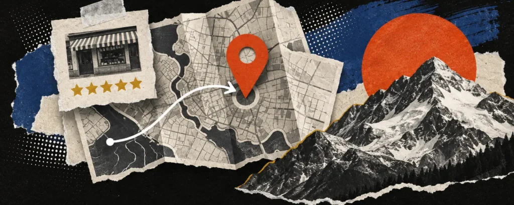 Ilustração em colagem de papel para o post Google Meu Negócio: como cadastrar e otimizar o Perfil da Empresa: mapa de papel dobrado com um grande pino de localização laranja, cartão de loja com cinco estrelas mostarda e uma seta de rota