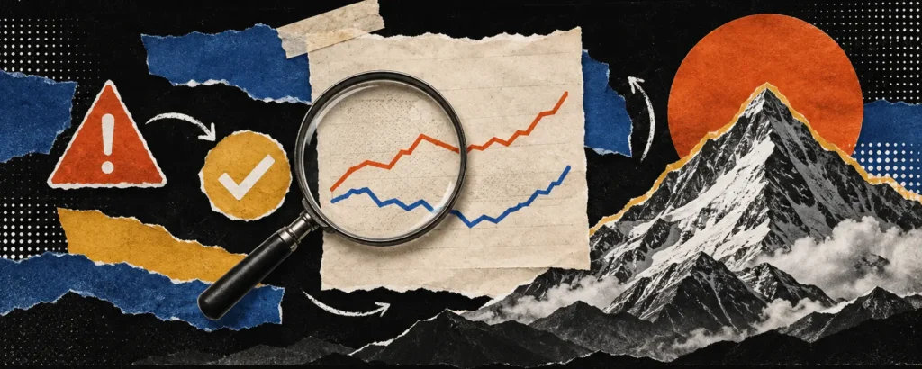 Ilustração em colagem de papel para o post Google Search Console: como descobrir por que seu site não aparece: tela com gráfico de duas linhas sem números e uma lupa sobre uma página onde um triângulo de alerta vermelho vira um visto