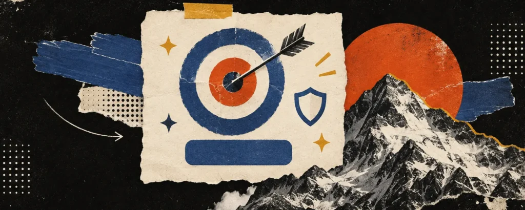 Ilustração em colagem de papel para o post Landing page de alta conversão: o que ela tem, seção por seção: página de destino de papel com botão azul em destaque, ícones de estrela e escudo de confiança e um alvo com seta no centro