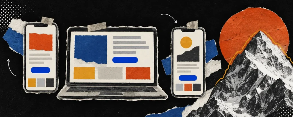 Ilustração em colagem de papel para o post Landing page: exemplos que convertem e o que cada um faz certo: três telas recortadas (dois celulares e um notebook) com páginas de destino diferentes, cada uma com um botão azul em destaque