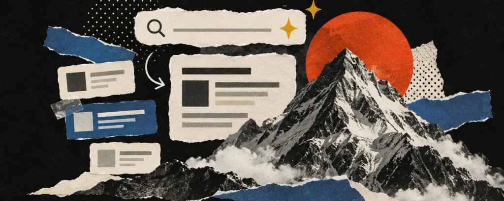 Ilustração em colagem de papel para o post Modo IA do Google: o que muda para quem depende de busca: barra de busca de papel com um ícone de brilho gerando um painel de resposta, e pequenos cartões de site como fontes, um destacado em azul