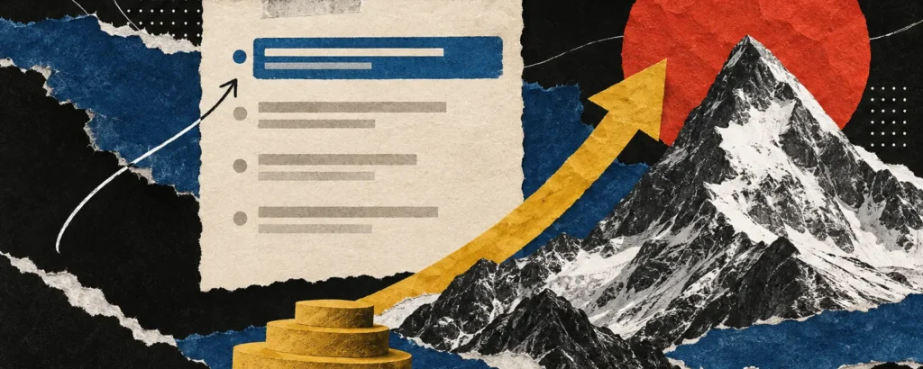 Ilustração em colagem de papel para o post O que é SEO e o que ele faz pelo site da sua empresa: página de resultados de busca em papel com o primeiro resultado destacado em azul, uma seta forte para cima e um pequeno pódio