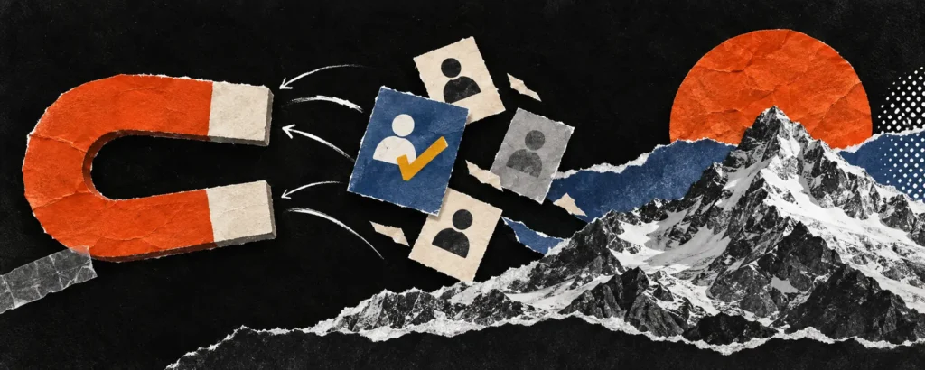 Ilustração em colagem de papel para o post O que é lead e por que lead barato pode sair caro: grande ímã em ferradura laranja puxando cartões de contato com ícone de pessoa