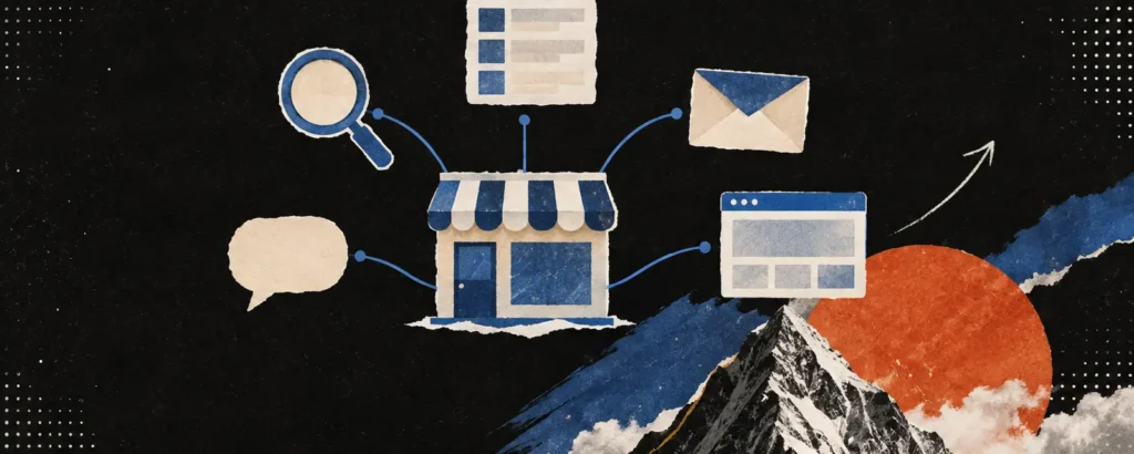 Ilustração em colagem de papel para o post O que é marketing digital para quem tem uma empresa: pequena vitrine de loja no centro com ícones em órbita (lupa, feed, envelope, balão de conversa, janela de site) ligados por linhas finas azuis