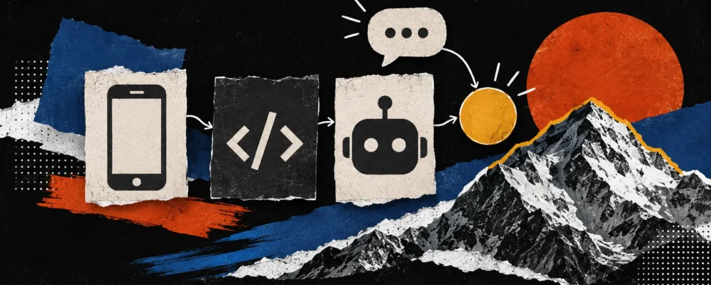 Ilustração em colagem de papel para o post Resposta automática no WhatsApp: app, API ou chatbot, e o que cada um custa: três cartões de papel lado a lado com ícones simples de celular, colchetes de código e cabeça de robô, ligados por linhas finas a