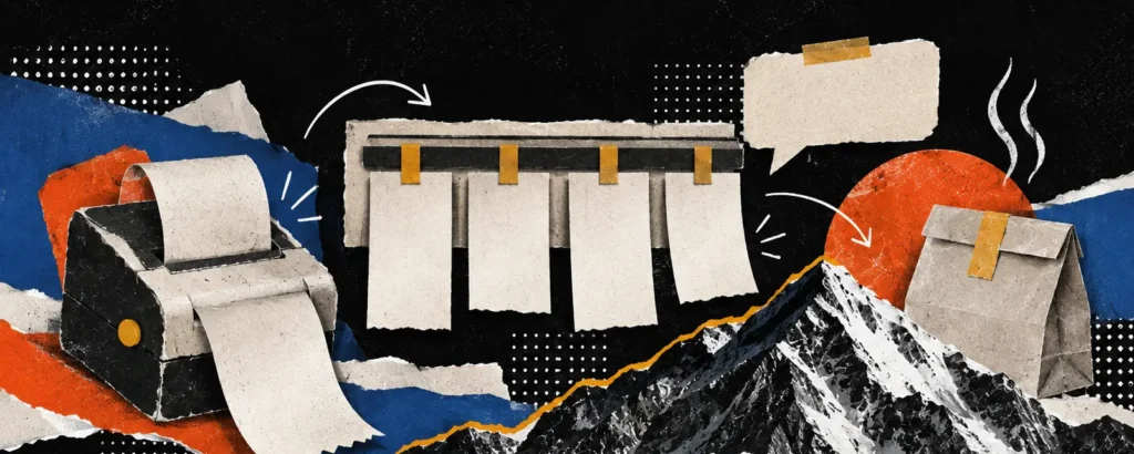 Ilustração em colagem de papel para o post Sistema de delivery: o que um canal próprio de pedidos precisa fazer: painel de pedidos de papel com fichas se movendo entre colunas, uma impressora de comanda e um balão de conversa