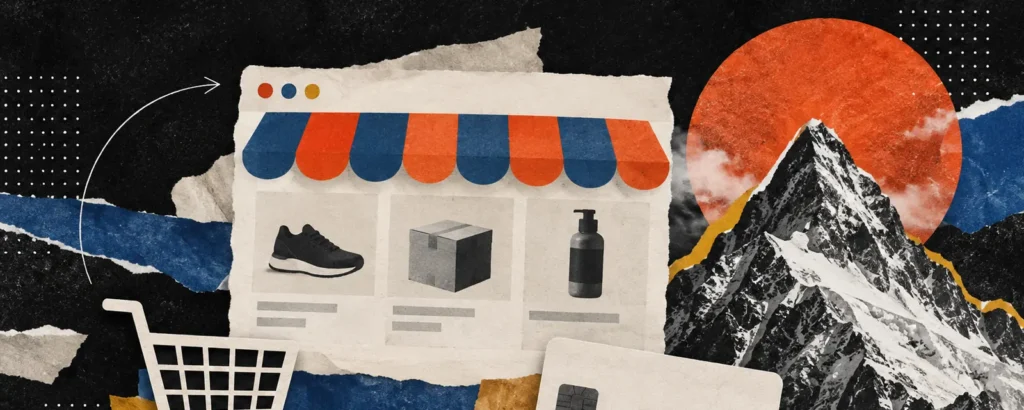 Ilustração em colagem de papel para o post Site de vendas: como criar, quais caminhos existem e o que a lei exige: janela de site de loja com vitrine de produtos, carrinho de compras e um cartão de pagamento sem números