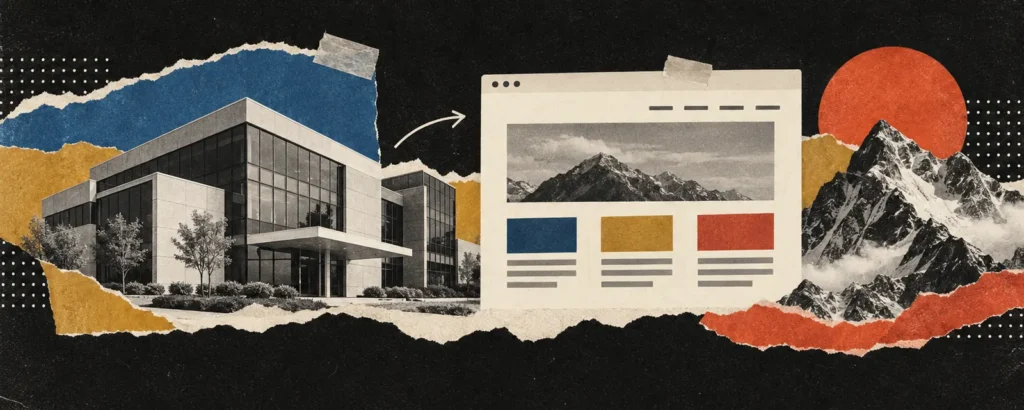 Ilustração em colagem de papel para o post Site institucional: o que é, quais páginas ter e quando ele basta: fachada de empresa de papel com uma janela de site institucional ao lado mostrando menu, foto e três blocos de conteúdo