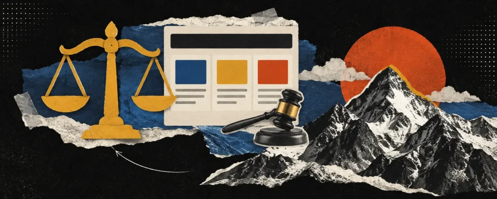Ilustração em colagem de papel para o post Site para advogado: o que precisa ter e o que a OAB proíbe: balança da justiça de papel mostarda ao lado de uma janela de site com cartões de área de atuação e um martelo de juiz recortado
