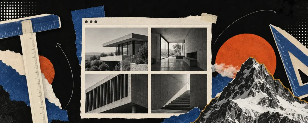 Ilustração em colagem de papel para o post Site para arquiteto: portfólio, páginas e captação dentro das regras do CAU: janela de site com grade de fotos de projetos de arquitetura em preto e branco, régua T e esquadro recortados