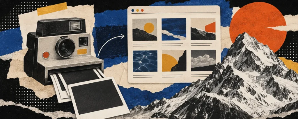 Ilustração em colagem de papel para o post Site para fotógrafo: portfólio pesado que carrega rápido, autoria protegida e orçamento sem ida e volta: câmera fotográfica de papel com fotos em moldura saindo dela e uma janela de site com galeria