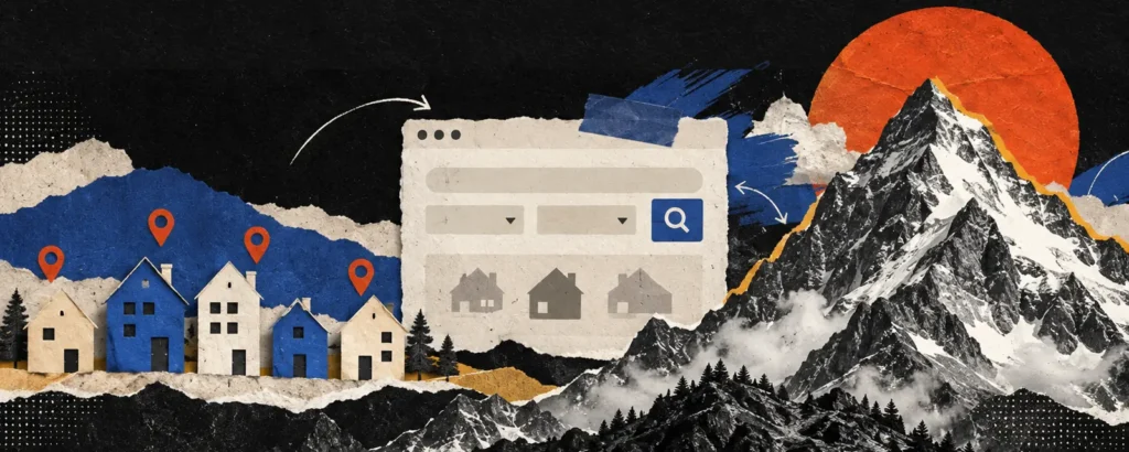 Ilustração em colagem de papel para o post Site para imobiliária: o que ele precisa ter, a integração com portais e a regra do CRECI: casinhas de papel alinhadas com pinos de localização e uma janela de site com filtro de busca por imóvel