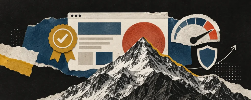 Ilustração em colagem de papel para o post Site profissional: o que separa um site sério de um feito às pressas: janela de site elegante com medalha de qualidade mostarda, velocímetro com ponteiro no máximo e um escudo