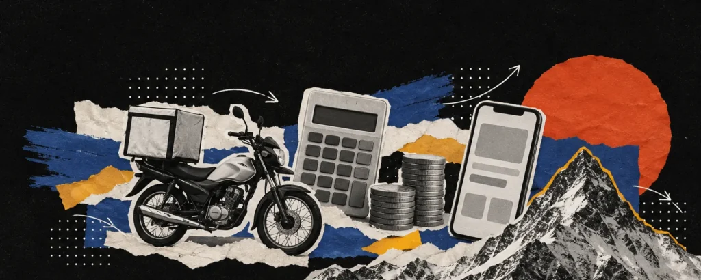Ilustração em colagem de papel para o post Taxa do iFood: quanto o app cobra e como fazer a conta da margem: moto de entrega de papel com bag térmica, uma calculadora de papel e moedas empilhadas ao lado de um celular com cardápio
